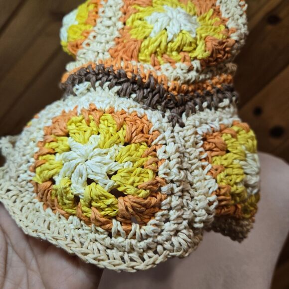 Steve Madden Boho Hippie Crochet Bucket Hat Paper Yarn Square Orange & Yellow‎ - Picture 3 of 5